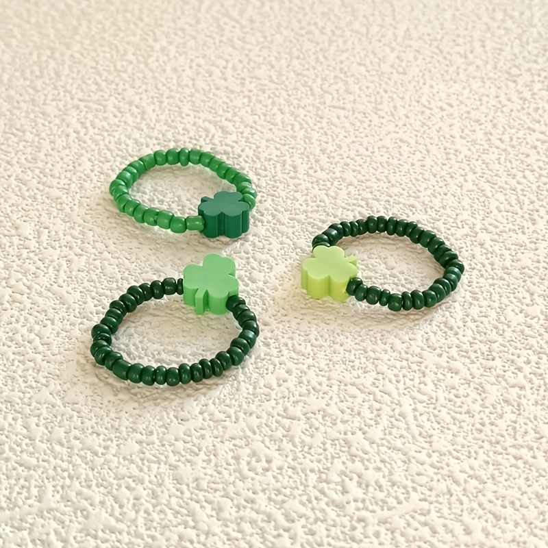 3pcs Green Clover Ring Set Adjustable Ring